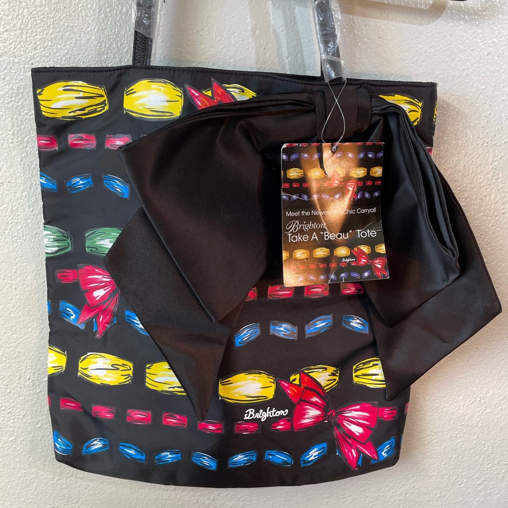 Brighton NWT Bow Ribbon Print Tote Bag Satin Bow Attached Scarf Travel Purse Bag